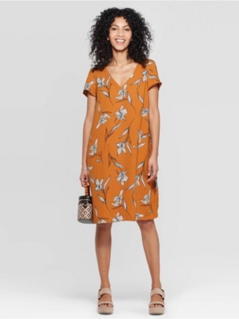 a new day Floral V-Neck Short Sleeve Midi Dress in Mustard Orange